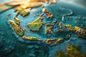 Close-up of the map on a globe, focusing on Indonesia and its borders with other countries.