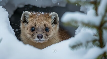 Close-up of a cute animal peeking through snow