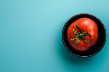 Red ripe tomato on black ceramic dish with copy space viewed from above against a blue background