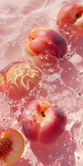 Imagine succulent peaches floating in pink water, reflecting light to create a refreshing summer atmosphere. It feels juicy, vibrant, and tropical, evoking a sense of freshness and vitality