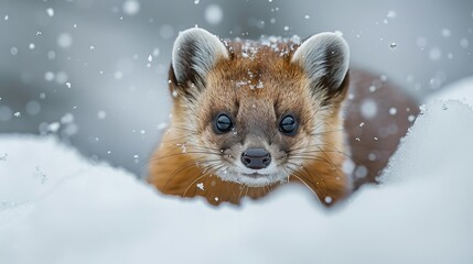 Fototapeta premium Close-up of a cute kid animal peeking through snow