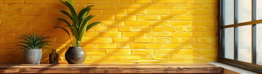 A yellow brick wall with a window and a potted plant