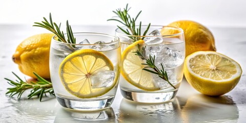 Refreshing Rosemary Lemonade in Glasses, lemon, rosemary, ice, beverage , drink