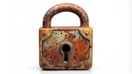 Rusty Old Lock with a Keyhole, Close Up, Metal, Isolated, White Background, lock, rusty