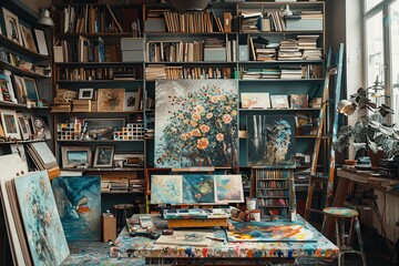 A room with a lot of books and paintings