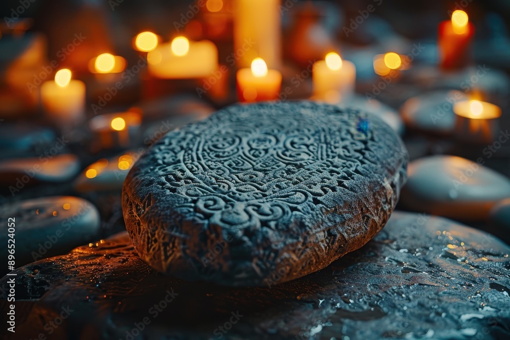 Poster a stone with a design on it sits on a rock with candles around it