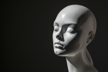 Side lit female mannequin head with white paint on dark background