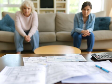 Mulheres preocupadas com o ac&uacute;mulo de contas, buscando solu&ccedil;&otilde;es para organizar suas finan&ccedil;as