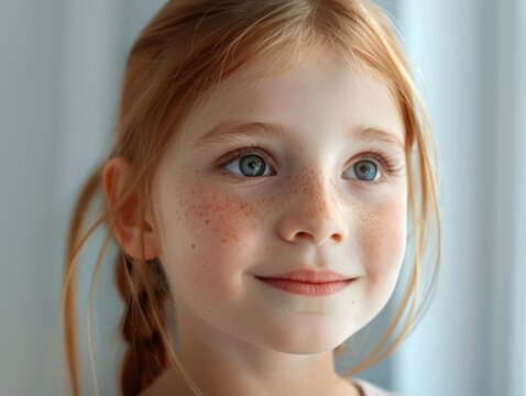 A young girl with distinctive freckles on her face, shot in a close-up view