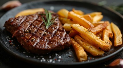 Grilled steak with fries on a black plate