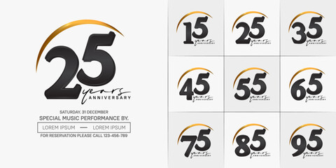 anniversary logotype set vector, black and gold color with swoosh for special day celebration