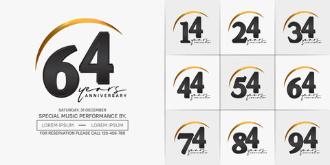 anniversary logotype set vector, black and gold color with swoosh for special day celebration