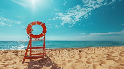 Lifeguard chair on a sandy beach under the sun
