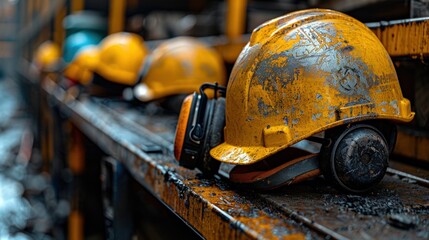 Fototapeta premium Photo of yellow helmet, black muffs and orange gloves on construction site table.