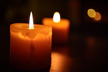 Three candles on a black background with one in sharp focus and the rest blurred