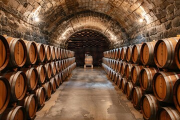 A spacious wine cellar with rows of barrels and neatly arranged bottles, set against a high-quality, textured stone wall background 