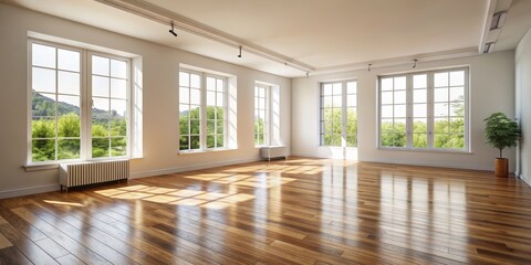 Fototapeta premium Sunlight Reflecting on Hardwood Floor with Windows, Interior Design, Room, Wood Flooring, Sunlight, Window Light