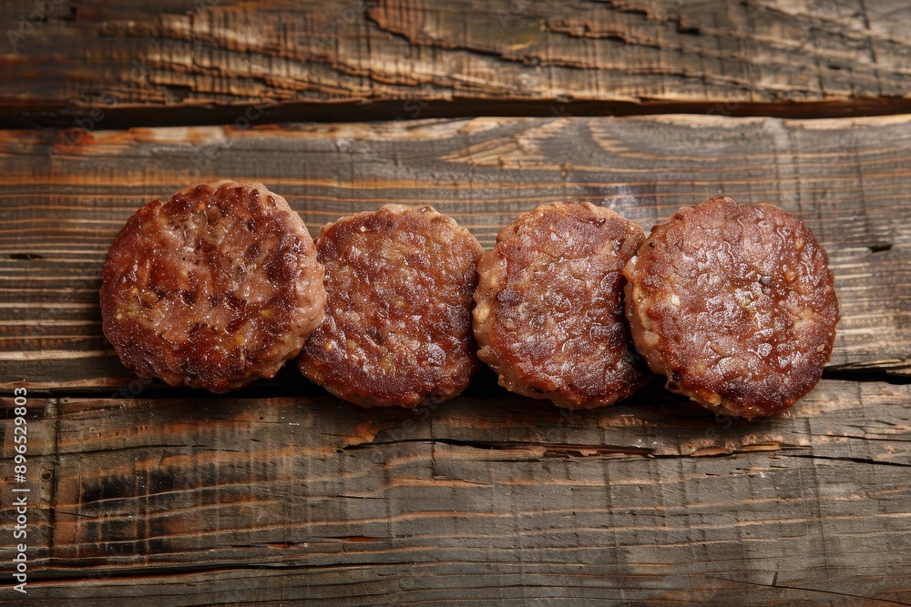 Wall mural top view of flavorful homemade cutlets beef pork chicken on wooden background perfect for a hamburge