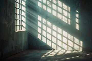 Barred prison window with light streaming through, casting shadows and emphasizing the confinement with a high-quality background 