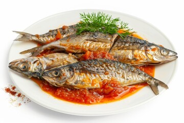 Top view of isolated fish in tomato sauce fried herring sprat fillet canned mackerel saury in red sauce on white background