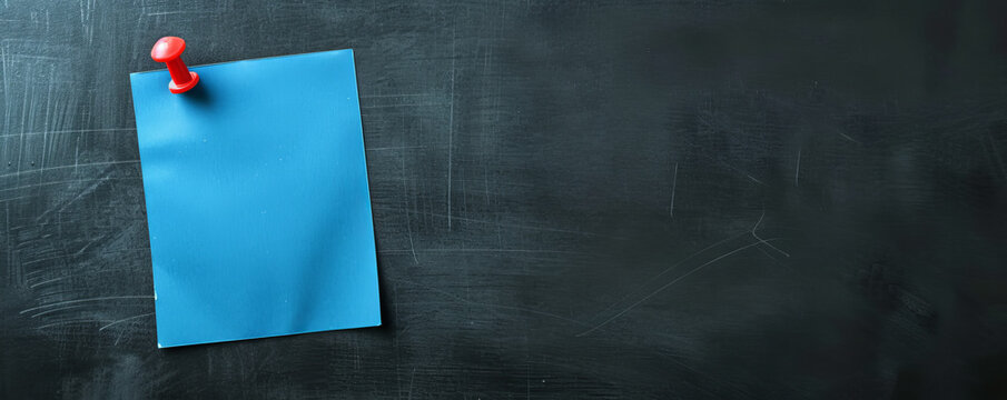 Blue note pinned on black chalkboard, isolated