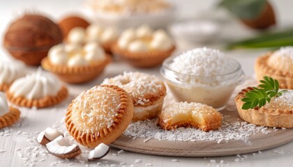 Delicious coconut desserts arranged on a wooden board, featuring creamy fillings and sprinkled coconut for a sweet treat.