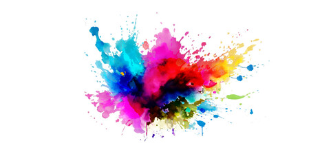 Bright colorful watercolor splash splatter stain brush strokes on white background. Modern vibrant aquarelle spot. Rainbow trendy isolated design on white. Element. Vector watercolor illustration.	