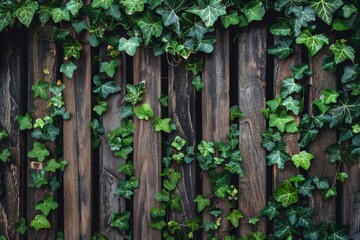 Old wooden fence covered in vibrant green ivy, blending seamlessly with the natural surroundings, highlighting the harmony with a high-quality backdrop 