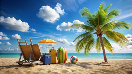Tropical Beach Vacation Paradise Lounge Chairs, Palm Tree, Suitcases, Beach Ball, Summer Travel, Relaxation, beach