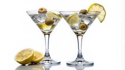 Two Martini Glasses with Lemon and Olives, cocktail, drink, beverage, garnish