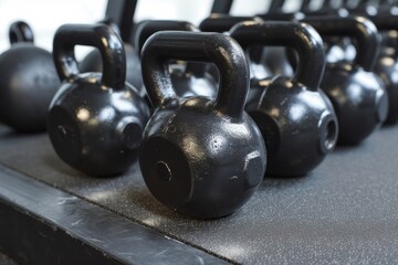 Fototapeta premium Various black metal kettlebells in a row found in a sports club for weight training