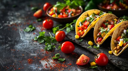 Mexican tacos with fresh vegetables and salsa on a dark background