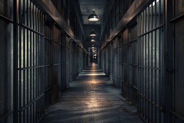 Rows of empty prison cells in a dimly lit corridor, illustrating the stark, isolated environment with a high-quality backdrop 