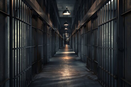 Rows of empty prison cells in a dimly lit corridor, illustrating the stark, isolated environment with a high-quality backdrop 