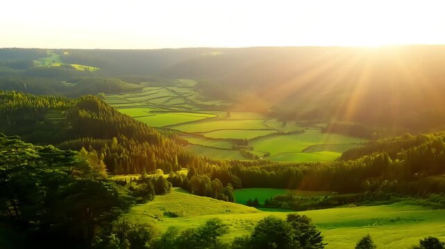 Lush Green Valley Viewed Through Forest Trees with Ai generated.

