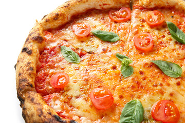 Tasty pizza Margarita with basil leaves on white background