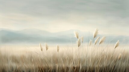 Obraz premium Ethereal landscape featuring graceful reeds in soft hues under a serene sky, capturing the essence of tranquility and natural beauty.