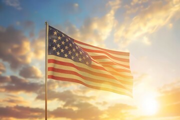 Obraz premium United States flag gently fluttering in the wind at sunset, with a high-quality backdrop capturing the warm hues of the sky and tranquil surroundings 