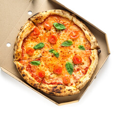 Cardboard box with tasty pizza Margarita on white background