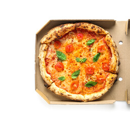 Cardboard box with tasty pizza Margarita on white background