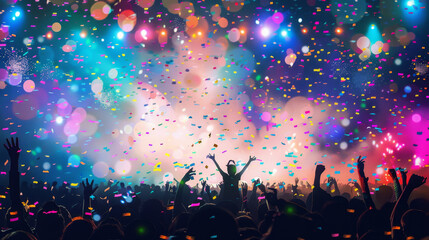 Stunning silhouette of an adoring crowd at the concert stage with colorful lights and confetti in the style of concert background
