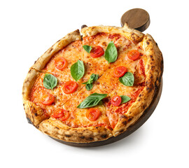 Wooden board with tasty pizza Margarita on white background