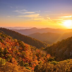 Sunset over mountains in Autumn