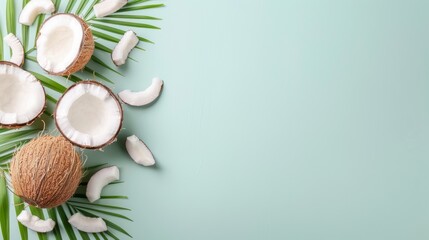 Fresh coconuts and coconut slices arranged with green palm leaves on a soft, turquoise background.