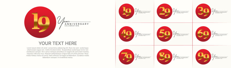 anniversary logotype set vector, red color circle and golden number for special day celebration