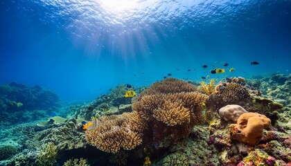 Naklejka premium Un vibrante ecosistema submarino lleno de corales coloridos y una variedad de peces