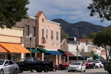 Daytime view of historic downtown urban core of Fillmore, California, USA.