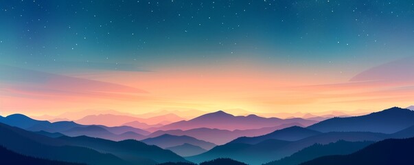 Fototapeta premium Mountain landscape at sunset with colorful sky, panoramic view. Nature and tranquility concept
