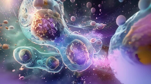 An image of an endocrine cell releasing hormones into its surrounding tissue as seen through a specialized microscope.