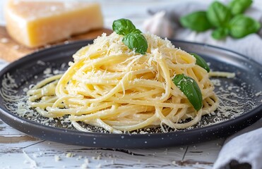 Spaghetti al Bradford topped with Grana Padano served on a dark plate